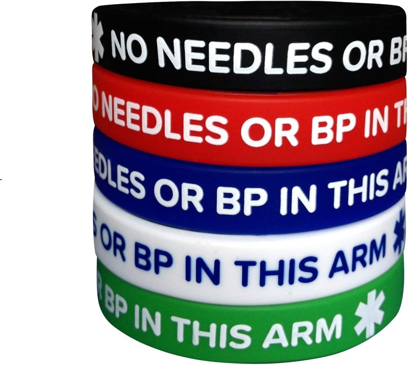 line 24 Lymphedema Medical Alert Silicone Bracelets – 5 Pack, Adult Size (7.8") Wristbands – No Needles or Blood Pressure This Arm – Unisex for Men & Women - Image 1